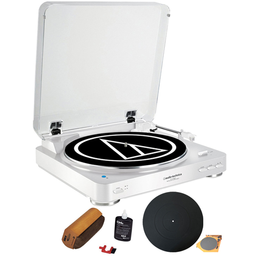 Audio-Technica Wireless Belt-Drive Stereo Turntable w/ RCA D4+ Vinyl Record Cleaner, White
