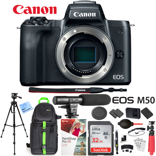 Canon EOS M50 Mirrorless Digital Camera (Body) with Microphone Backpack Tripod Bundle