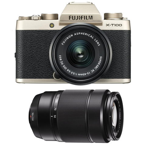 Fujifilm X-T100 Mirrorless Camera (Gold) XC 15-45mm & 50-230mm F4.5-6.7 Lenses 