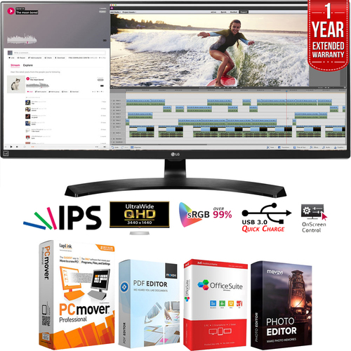 LG 34` 21:9 UltraWide 3440 x 1440 FreeSync IPS Monitor + Extended Warranty Pack