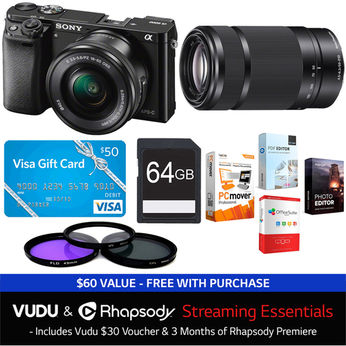 Sony Alpha a6000 Camera w/ 16-50 & 55-210mm Lens Bundle + $50 Visa Gift Card & Extras
