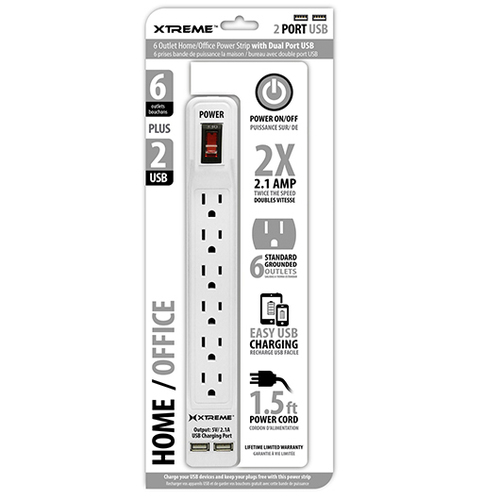 Xtreme 6 Outlet Home and Office Power Strip with Dual USB Ports (White) 28632