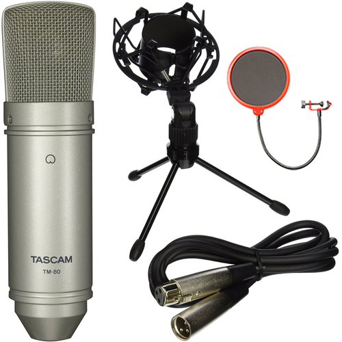 Tascam TM-80 Large Diaphragm Condenser Studio Microphone w/ Pop Filter & Mic Stand Clip