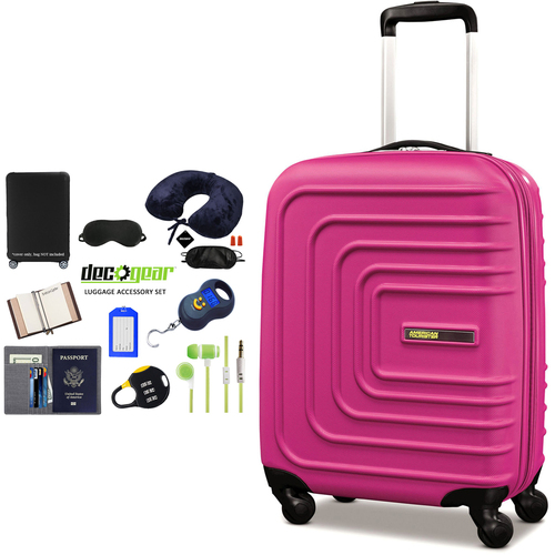 American Tourister 20` Sunset Cruise Hardside Spinner Luggage Lightning Pink Berry + Accessory Kit
