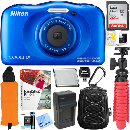 Nikon COOLPIX W100 13.2MP Waterproof Blue Digital Camera & 32GB Memory + Accessory Kit