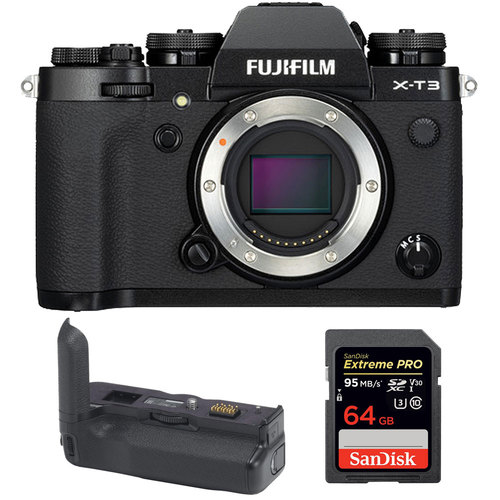 Fujifilm X-T3 Mirrorless Camera Body w/ Vertical Battery Grip + 64GB Memory Card (Black)