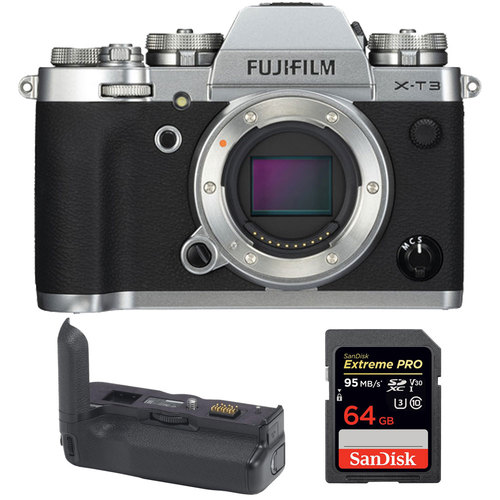 Fujifilm X-T3 Mirrorless Camera Body w/ Vertical Battery Grip + 64GB Memory Card (Silver)