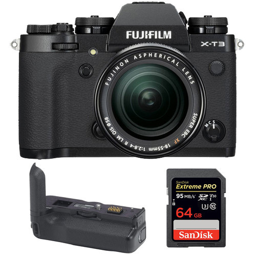 Fujifilm X-T3 Mirrorless Camera w/ XF 18-55mm Lens, Vertical Battery Grip + 64GB (Black)