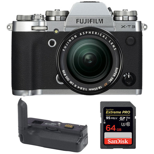 Fujifilm X-T3 Mirrorless Camera w/ XF 18-55mm Lens, Vertical Battery Grip + 64GB (Silver)