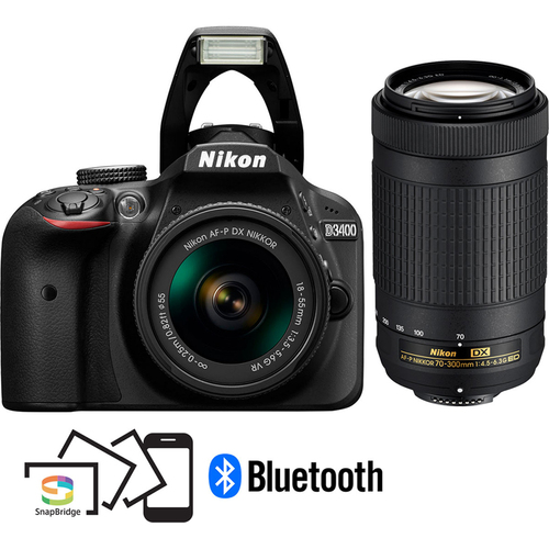 Nikon Refurbished D3400 24.2MP DSLR Camera with 18-55mm VR and 70-300mm Lenses