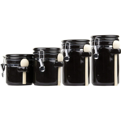 Home Basics CS44153 4PC Ceramic Canister Set with Spoon (Black) - Open Box