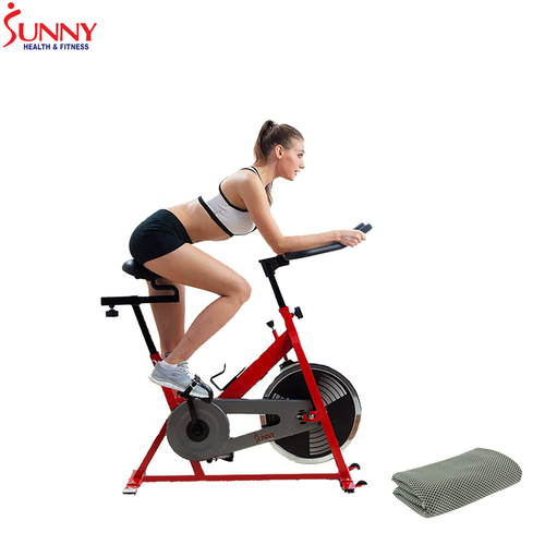Sunny Health and Fitness Chain Drive Indoor Cycling Bike - Red w/ Cooling Towel