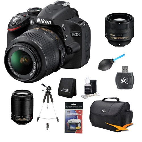 Nikon D3200 DX-format Digital SLR Kit w/ 18-55mm, 55-200mm, 85mm Zoom Lens Kit