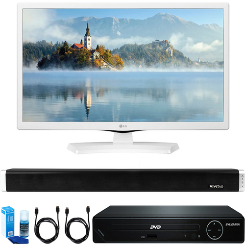 LG 24` HD LED TV - White w/ HDMI DVD Player & Sound Bar Bundle