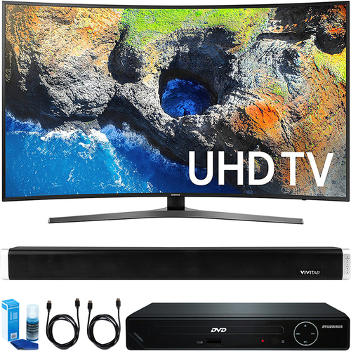 Samsung Curved 65` 4K UHD Smart LED TV w/ HDMI DVD Player & Sound Bar Bundle