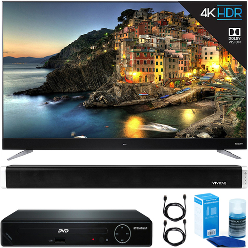TCL 75` 4K Ultra HD Roku Smart LED TV (2017) + DVD Player + Sound Bar Bundle