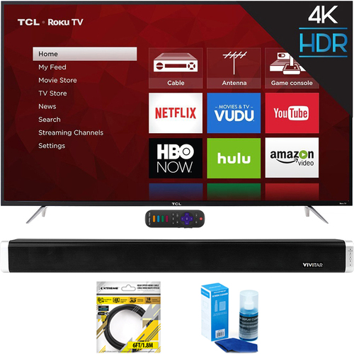 TCL 65` 4K 120Hz Ultra HD Dual Band Roku Smart LED TV Black + Soundbar Bundles