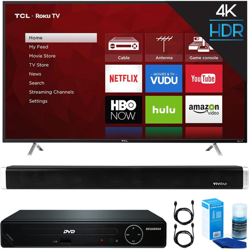 TCL 65` 4K UHD Dual Band Smart LED TV + DVD Player + Bluetooth Sound Bar Bundle