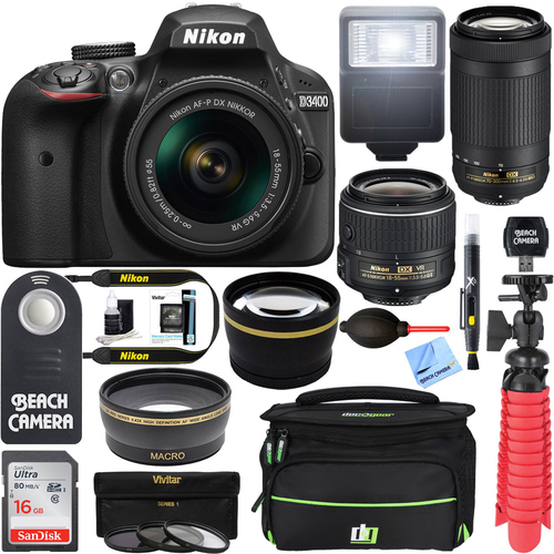 Nikon D3400 DSLR Camera w/ 18-55mm VR + 70-300mm Dual Lens Black Certified Refurbished