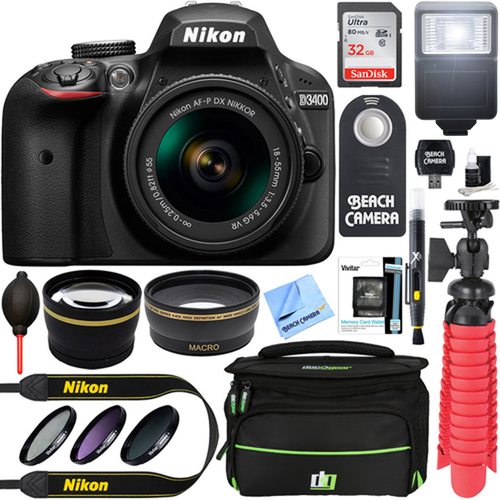 Nikon D3400 24.2 MP DSLR Camera w/ AF-P DX 18-55mm VR Lens Kit + Memory Bundle (Black)