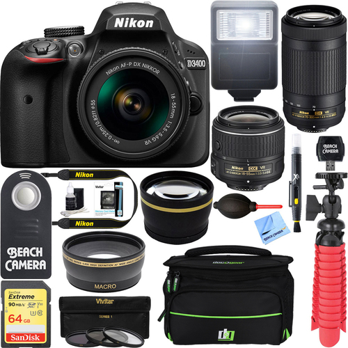 Nikon D3400 DSLR Camera w/ AF-P DX 18-55mm & 70-300mm VR Lens Accessory Bundle (Black)