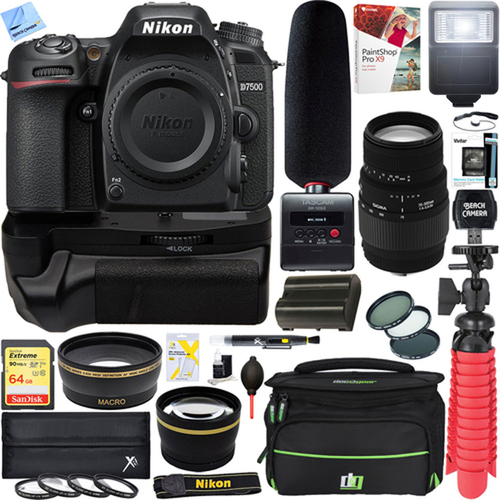 Nikon D7500 Digital SLR Camera + Sigma 70-300mm Macro Lens Tascam Video Creator Bundle