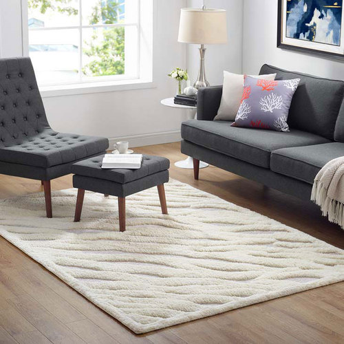 Modway Current Abstract Wavy Striped 5x8 Shag Area Rug in Ivory and Light Gray
