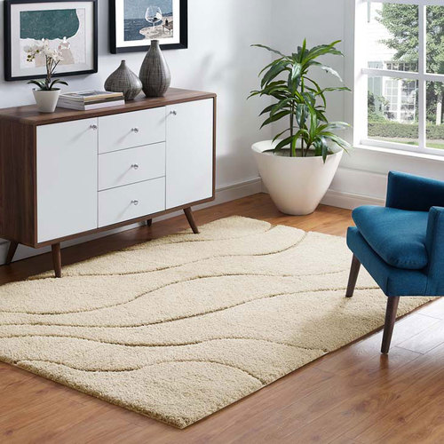 Modway Abound Abstract Swirl 8x10 Shag Area Rug in Creame and Beige / Abound