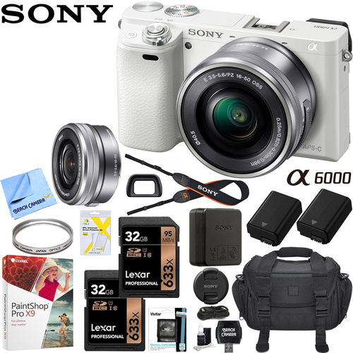 Sony Alpha a6000 24MP Interchangeable Lens Camera White w/ 16-50mm Lens Pro Bundle