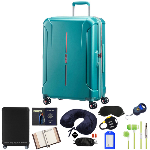 American Tourister 20` Technum Hardside Spinner Luggage, Jade Green w/ 10pc Luggage Accessory Kit