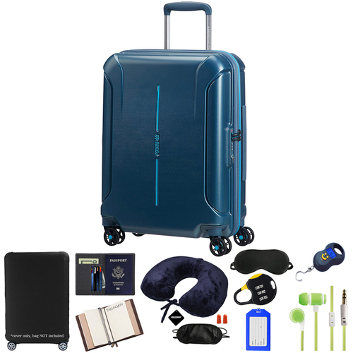 American Tourister 20` Technum Hardside Spinner Luggage, Metallic Blue w/ 10pc Accessory Kit