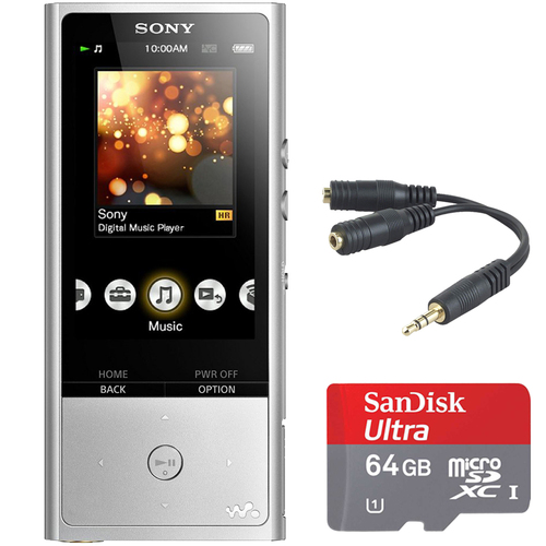 Sony 128GB Hi-Res Audio Player Silver w/ 64GB Micro SD Card, headphone Splitter