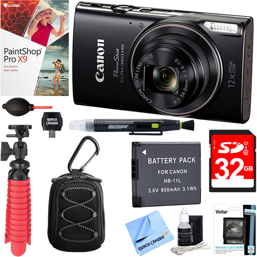 Canon PowerShot ELPH 360 HS Digital Camera (Black) + 32GB Deluxe Accessory Bundle