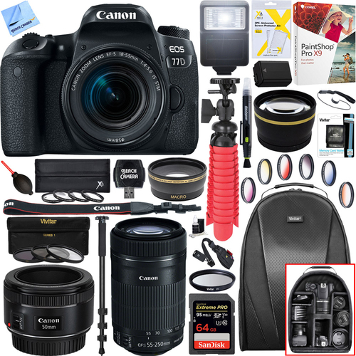 Canon EOS 77D 24.2MP DSLR Camera with 18-55mm +55-250mm +50mm Triple Lens Bundle