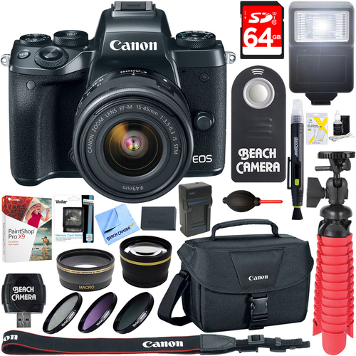Canon EOS M5 Mirrorless Black Digital Camera with 15-45mm Lens + 64GB Accessory Bundle