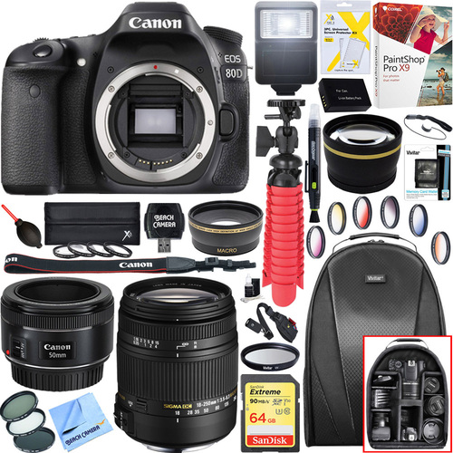 Canon EOS 80D 24.2MP CMOS DSLR Camera (Body) + 18-250mm + 50mm Dual Lens Bundle