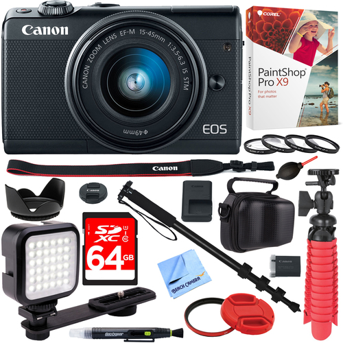 Canon EOS M100 24.2MP Mirrorless Camera EF-M 15-45mm IS STM Lens (Black) 64GB Kit