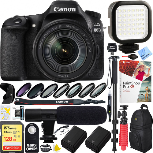 Canon EOS 80D CMOS DSLR Camera + 18-135mm + 128GB Dual Battery & Mic Pro Video Bundle