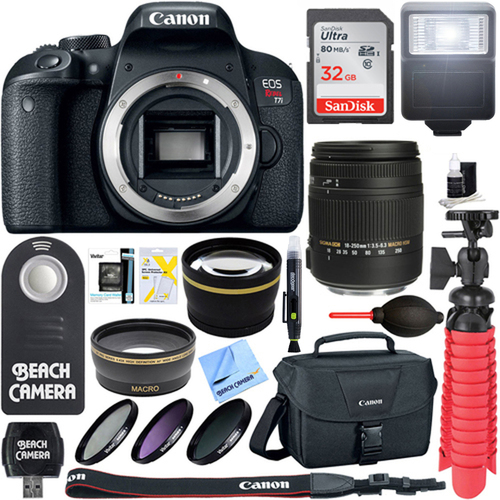 Canon EOS Rebel T7i Digital SLR Camera Body + Sigma 18-250mm Lens Memory & Flash Kit