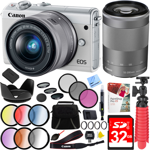 Canon EOS M100 24.2MP Digital Camera EF-M 15-45mm & 55-200mm IS STM Lens (White) Kit