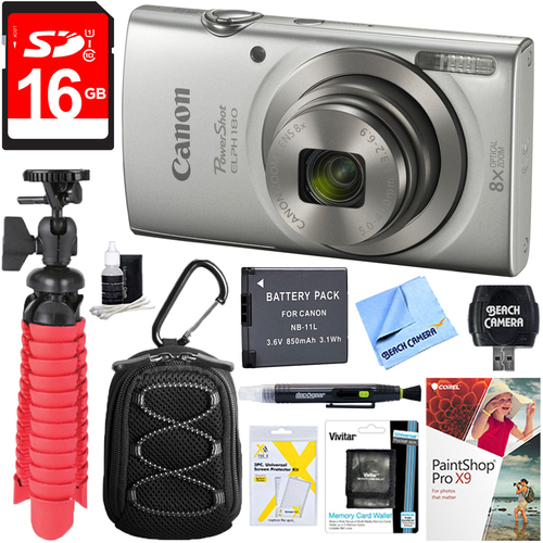 Canon PowerShot ELPH 180 8x Optical Zoom Digital Camera (Silver) + 16GB Accessory Kit