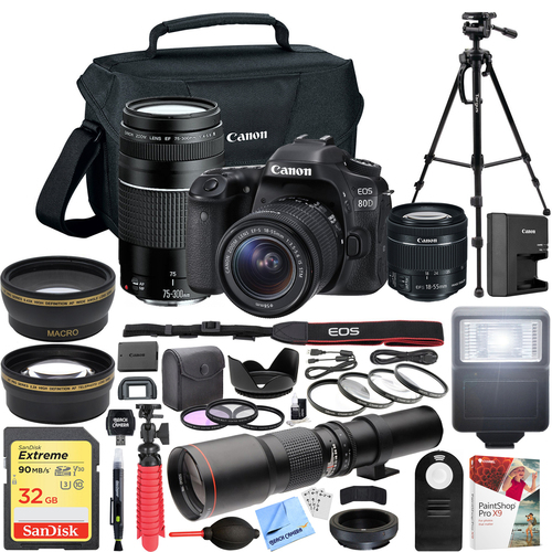 Canon EOS 80D Digital SLR Camera with 18-55mm + 75-300mm Dual Lens Kit Pro Bundle