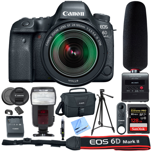 Canon EOS 6D Mark II 26.2MP DSLR Camera + 24-105mm Lens + Tascam Recorder Bundle