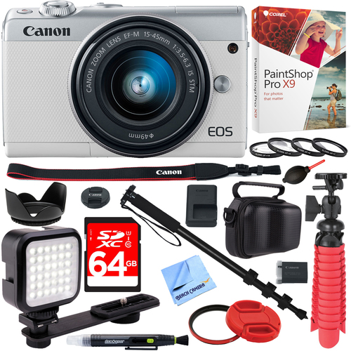 Canon EOS M100 24.2MP Mirrorless Camera EF-M 15-45mm IS STM Lens (White) 64GB Kit