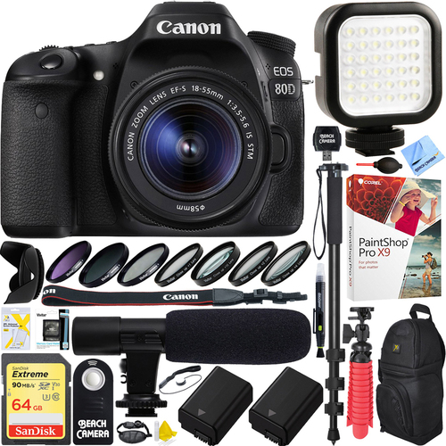 Canon EOS 80D CMOS DSLR Camera + 18-55mm Lens 64GB Dual Battery & Mic Pro Video Bundle