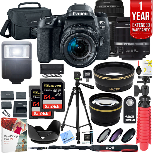 Canon EOS 77D DSLR Camera w/ EF-S 18-55mm + EF 75-300mm Lens + 128GB Kit