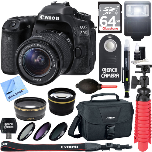 Canon EOS 80D CMOS DSLR Camera w/EF-S 18-55mm F3.5-5.6 IS STM Memory & Flash Kit