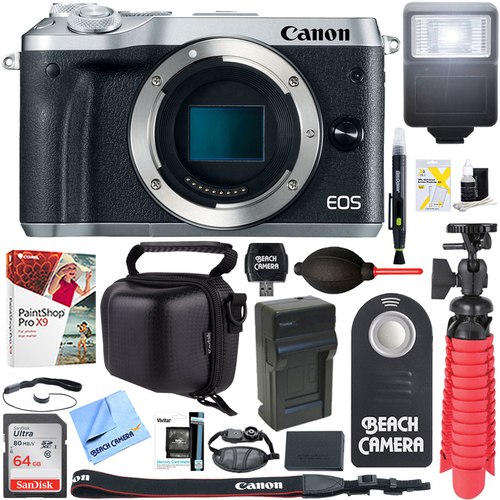 Canon M6 EOS 24.2MP Mirrorless Digital Camera Body (Silver) + 64GB Memory & Flash Kit