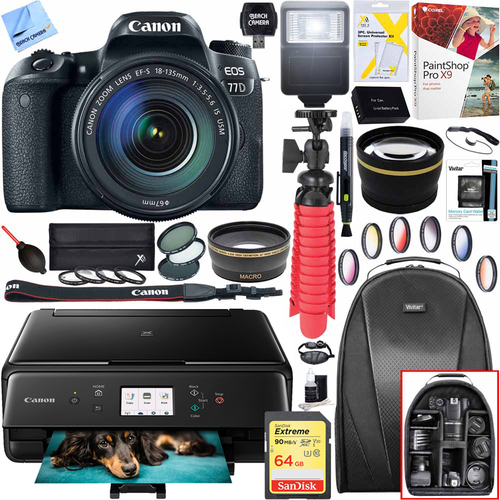 Canon EOS 77D Digital Camera w/ EF-S 18-135mm Lens + Canon PIXMA Printer Kit