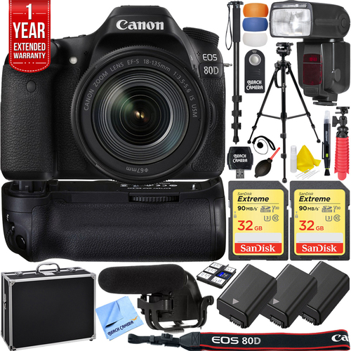 Canon EOS 80D DSLR Camera w/ 18-135mm Lens Pro Memory Triple Battery Recording Bundle